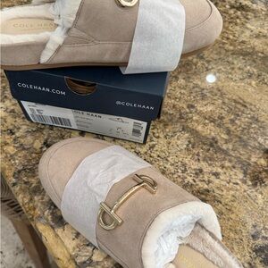 Cole Haan Ada Mule Taupe Suede Shearling Slip-On Loafers